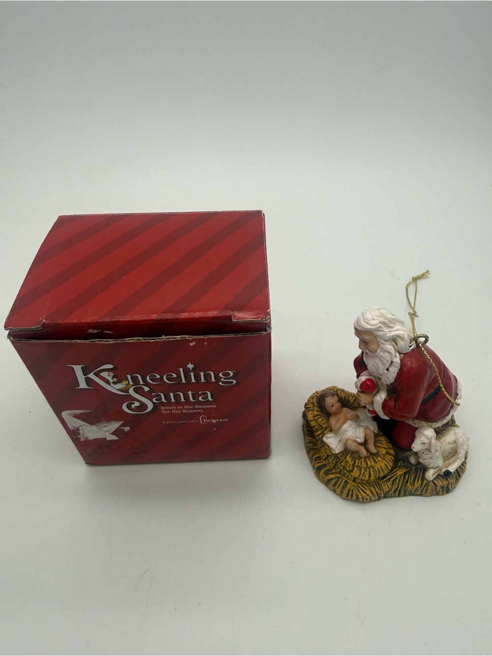 Vintage Roman Inc Kneeling Santa Christmas Ornament Baby Jesus with Box 2010 EUC